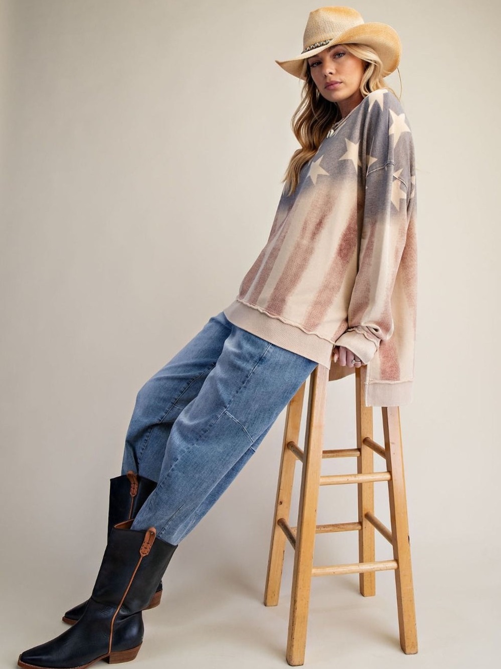 Easel American Flag Washed Terry Oversized  Pullover - Picture 2 of 5